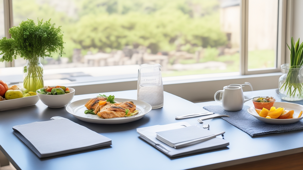 a modest kitchen table with a simple balanced meal plate featuring grilled chicken, steamed vegetables, brown rice, and a glass of water, next to a notepad with handwritten meal plan notes, natural daylight filtering through a nearby window, an ordinary man casually seated eating purposefully without distraction, minimalistic home kitchen background showing a kettle and fruit bowl, realistic editorial style